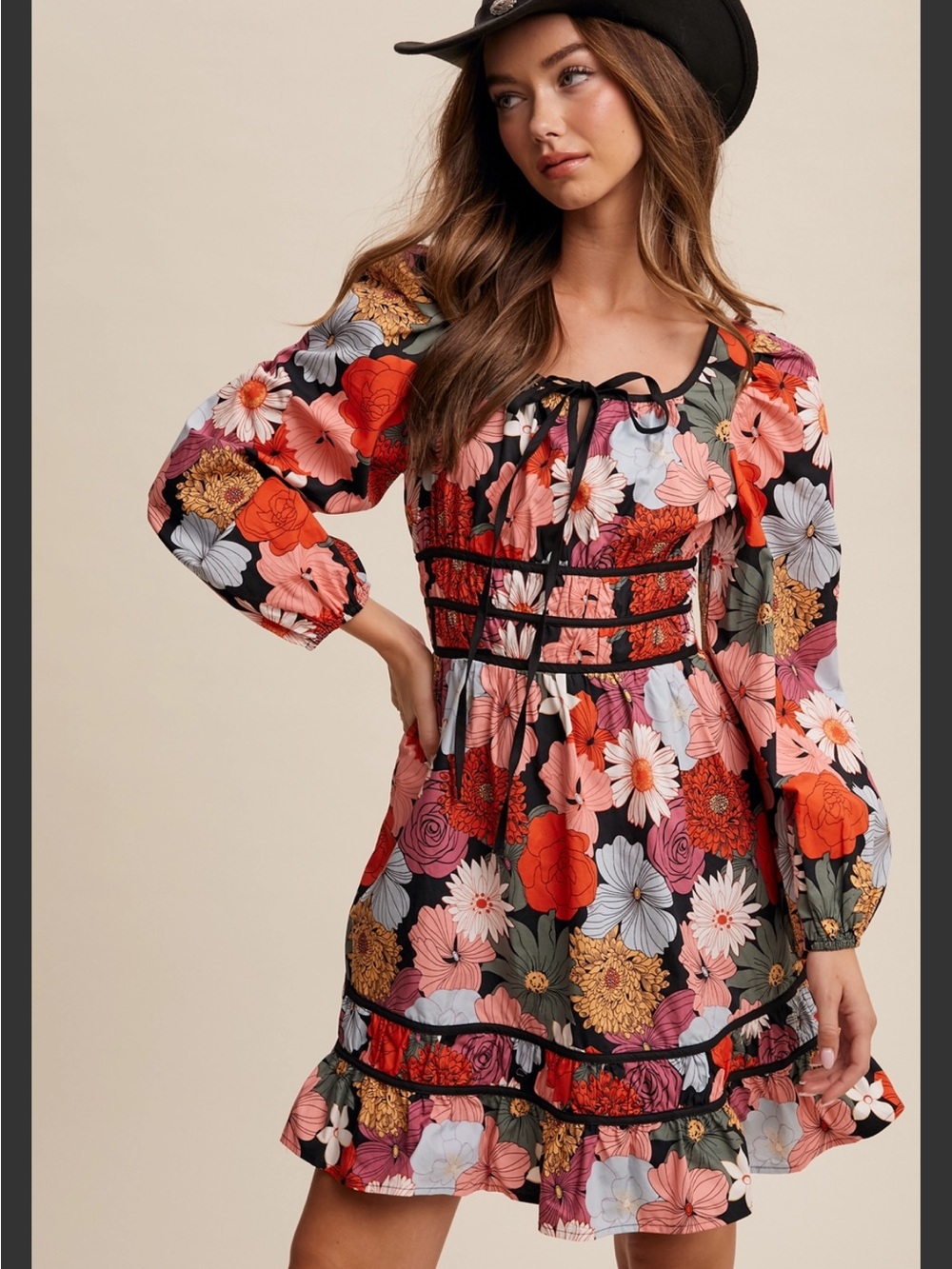 Listicle Black Midi Dress with Red, Pink, Blue & Gold Floral Print